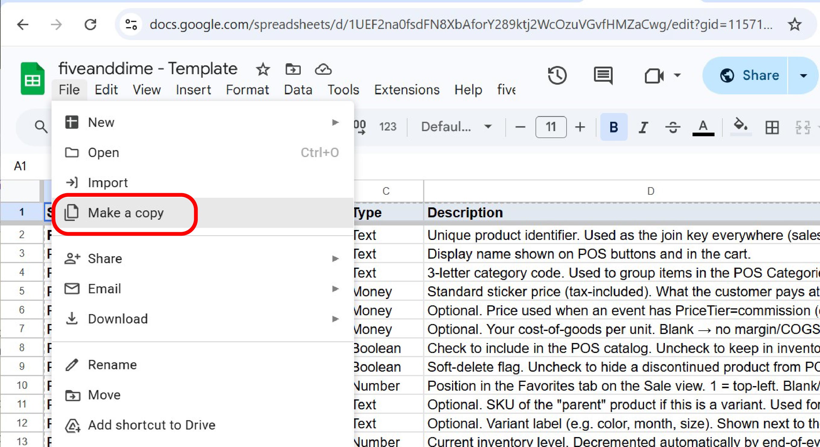 Google's Copy document dialog showing the template name and a Make a copy button
