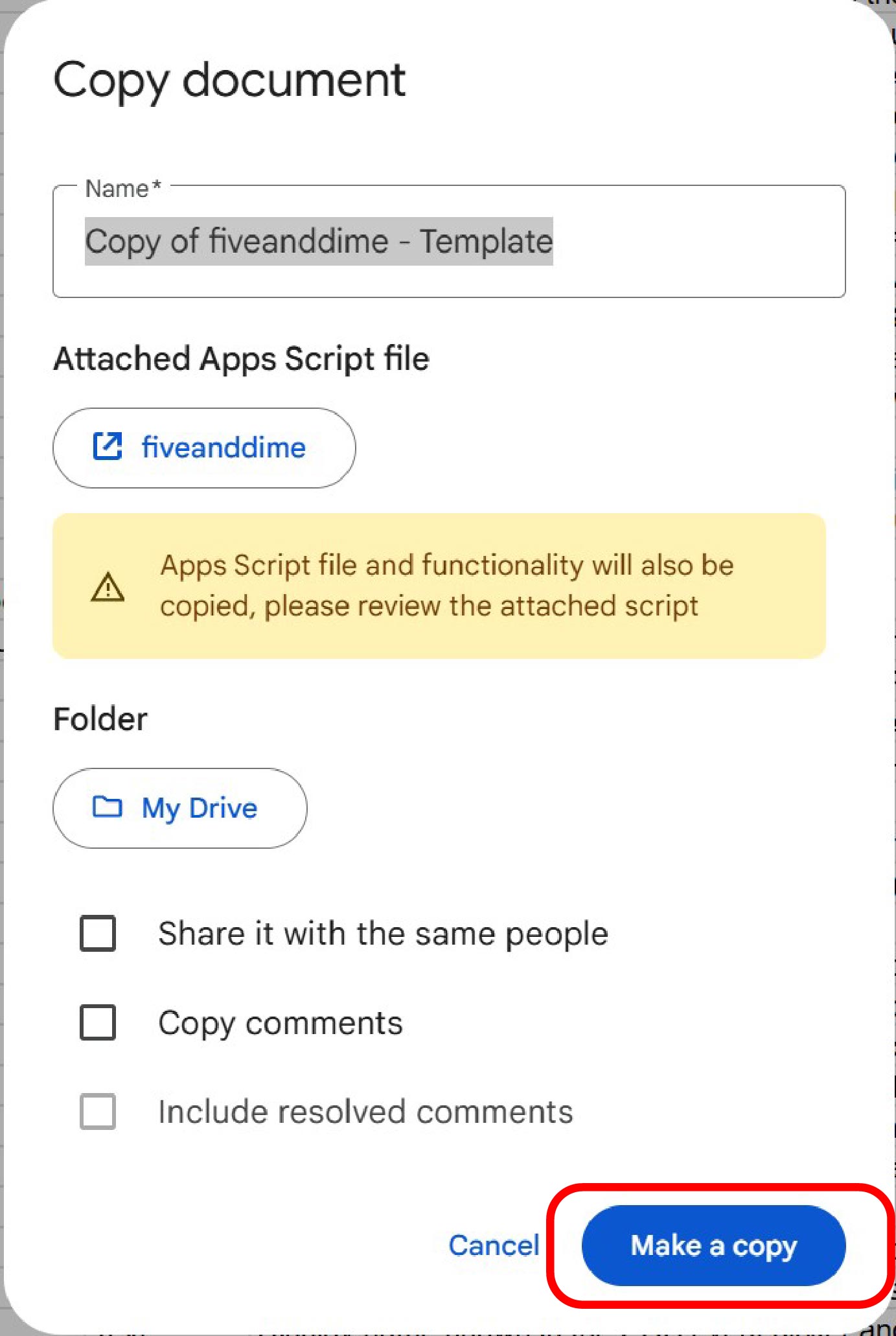 Copy document dialog with the Share it with the same people checkbox unchecked