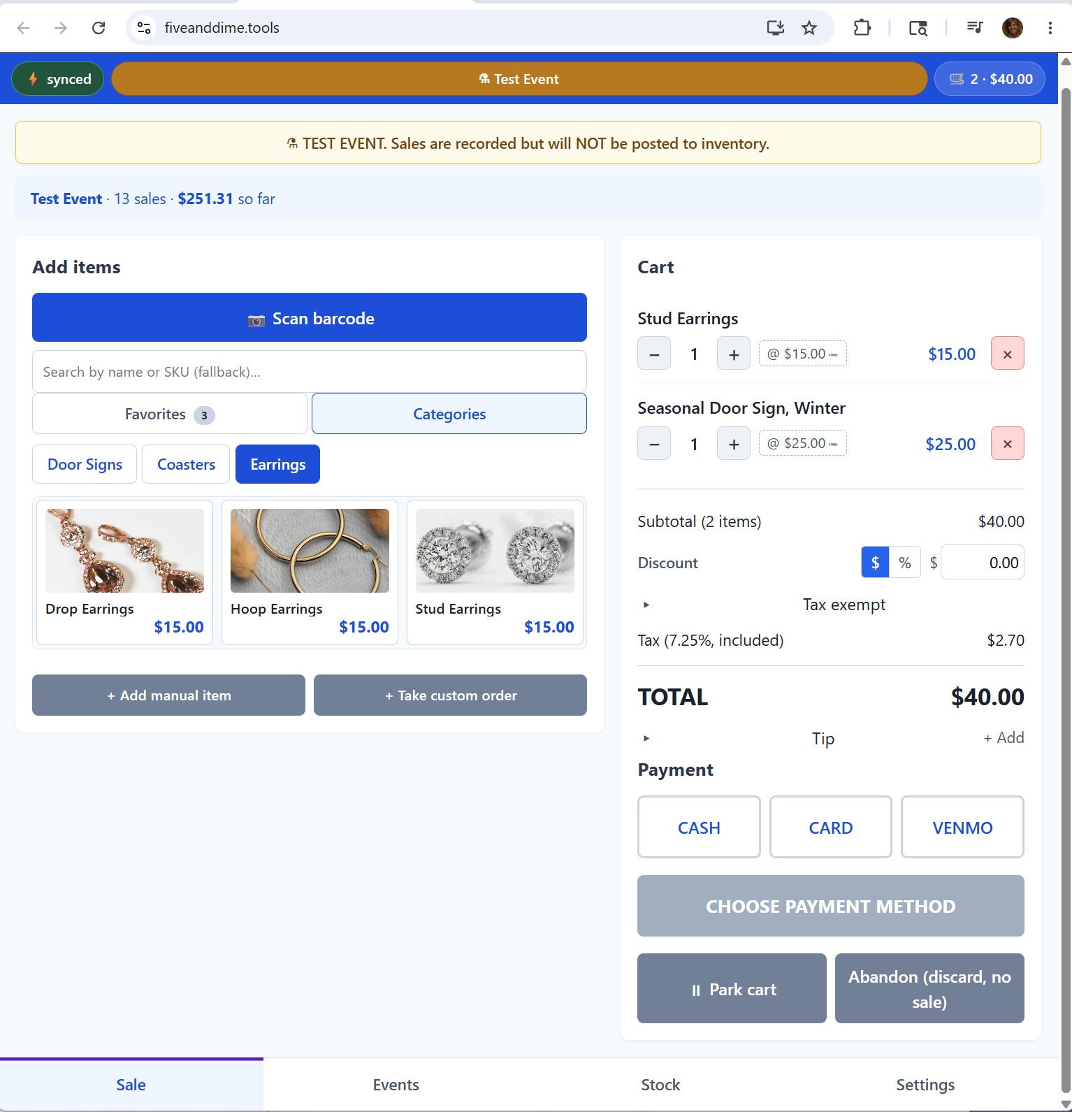 Sale view showing the items grid with items added to the cart
