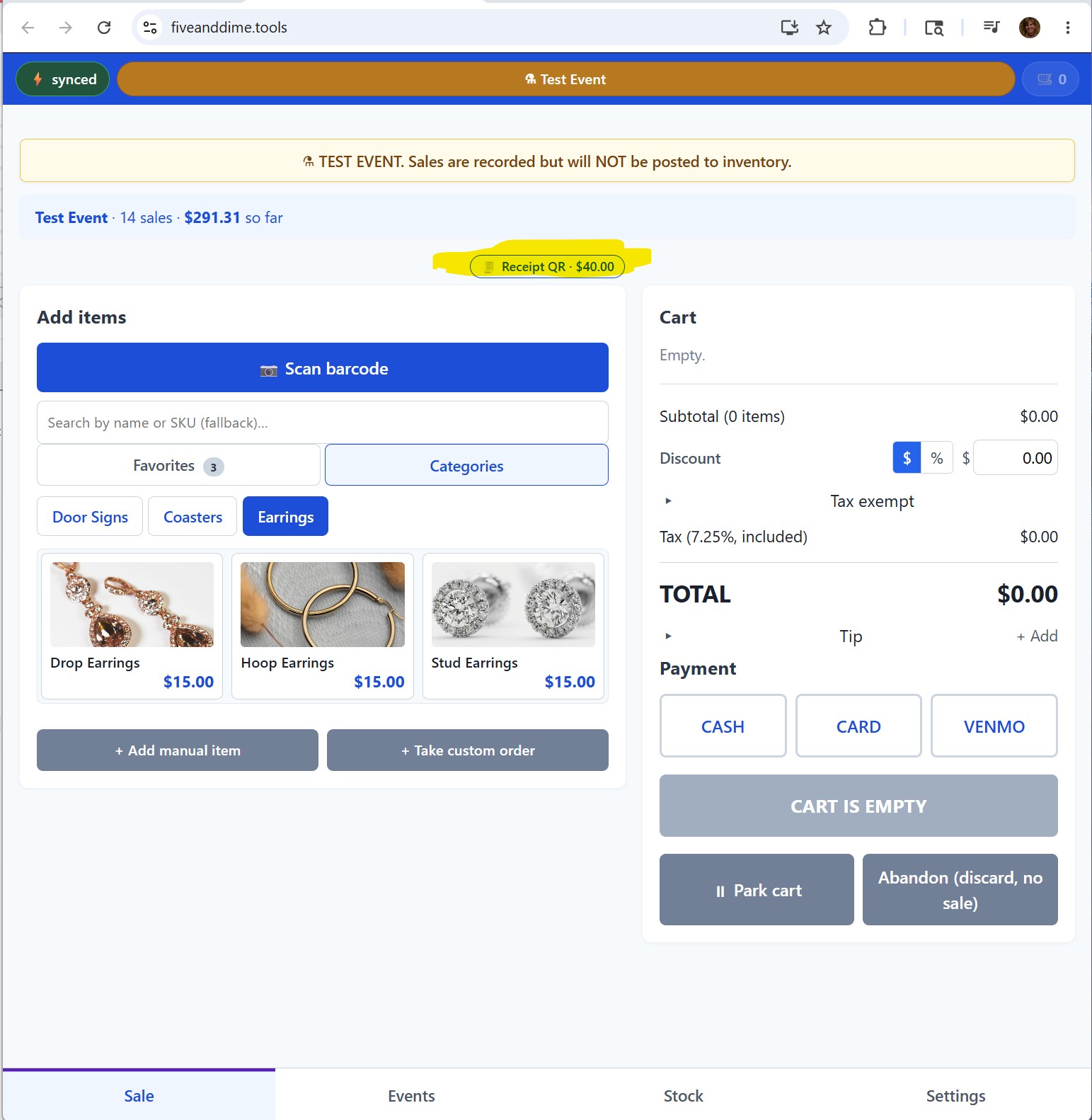 Receipt QR modal showing the QR code for the customer to scan