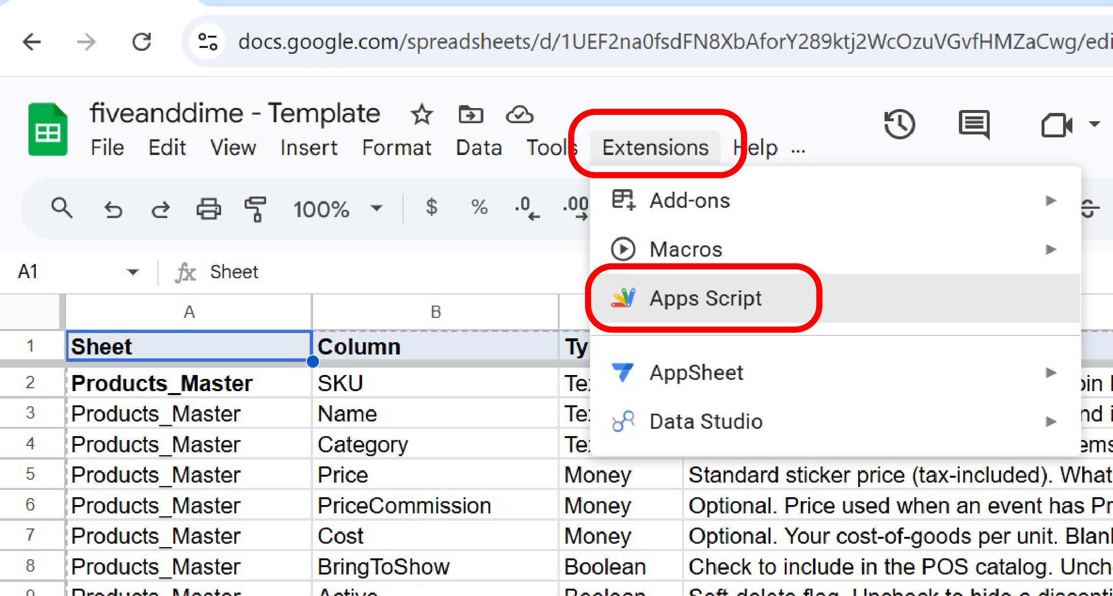 Spreadsheet menu open at Extensions with Apps Script highlighted