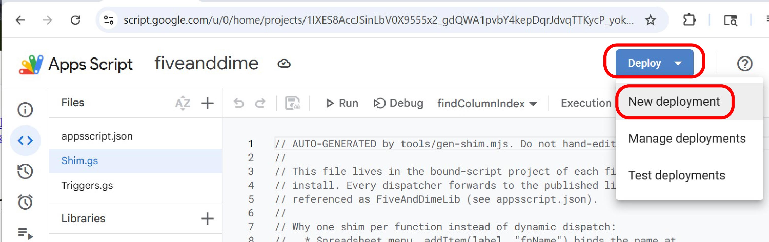 Apps Script editor with the Deploy dropdown open showing New deployment