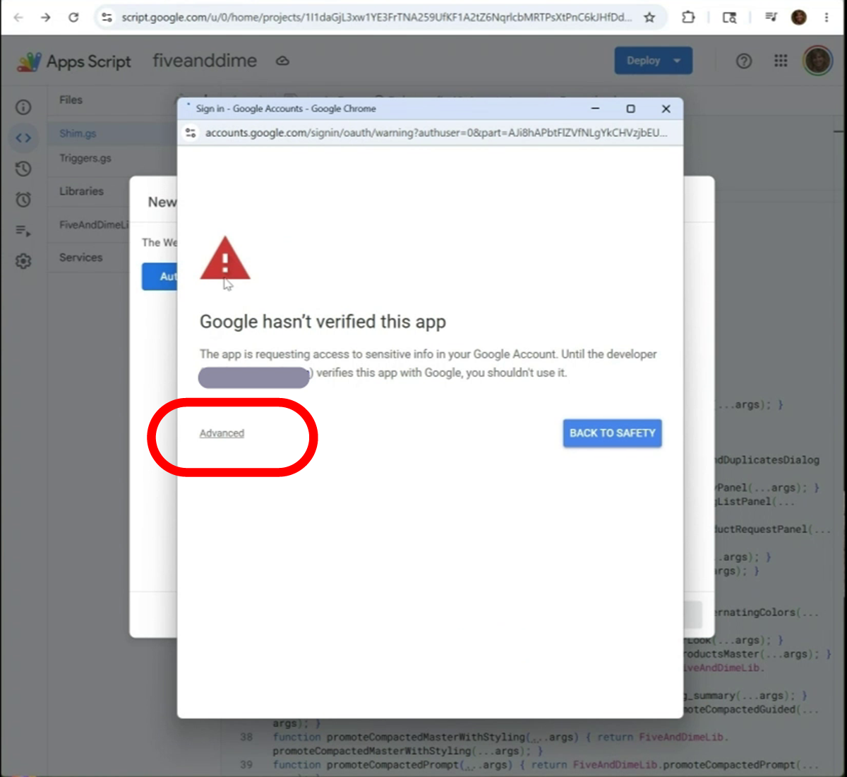 Google hasn't verified this app warning screen, collapsed