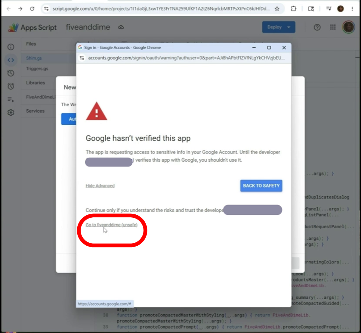 Same screen with Advanced expanded showing a Go to (project name) (unsafe) link