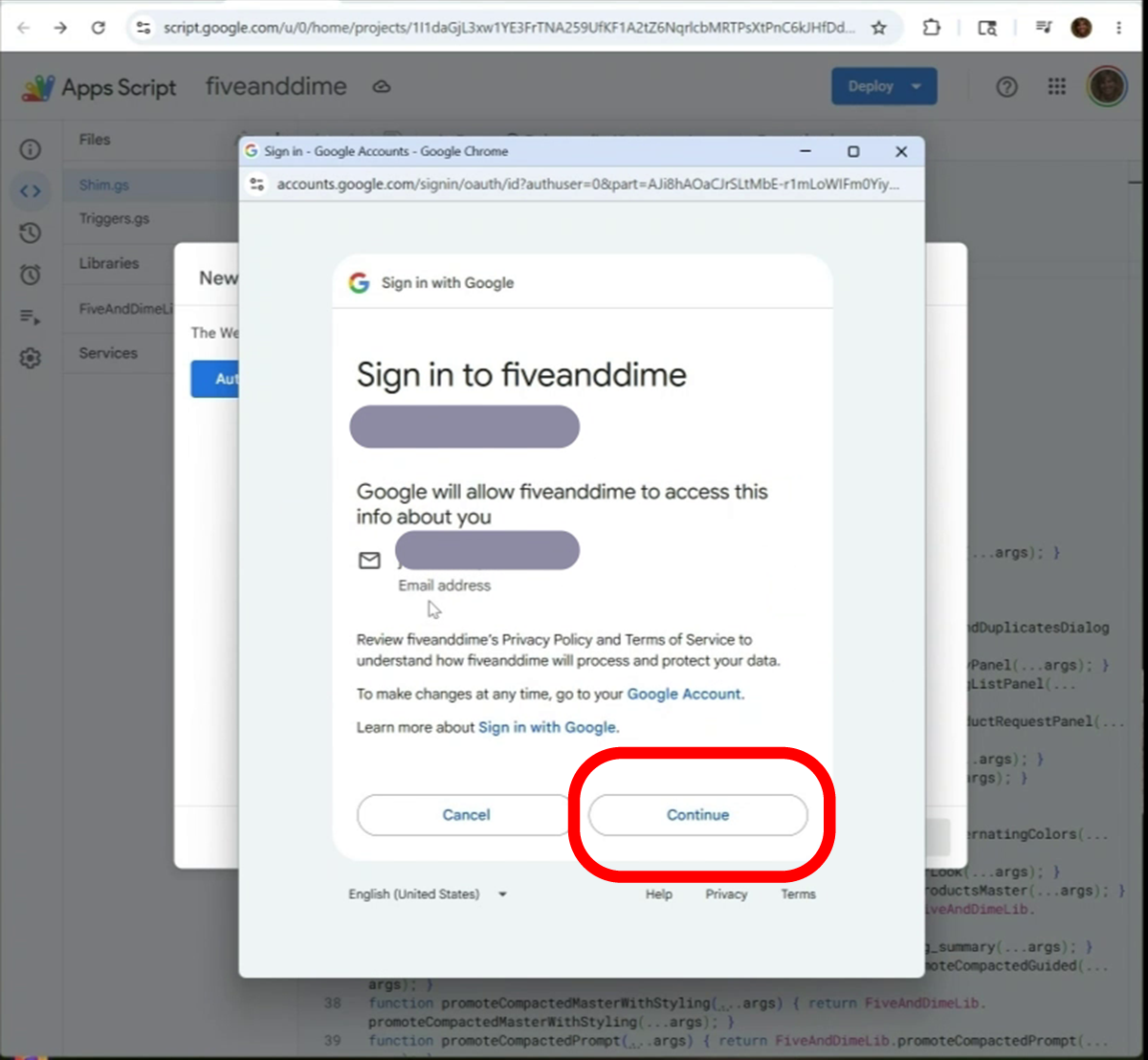 Sign in to fiveanddime confirmation screen with a Continue button
