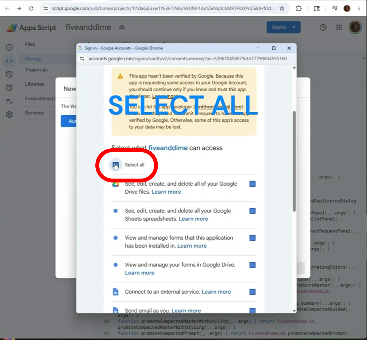 See what fiveanddime can access, top of the permissions list with a Select All option