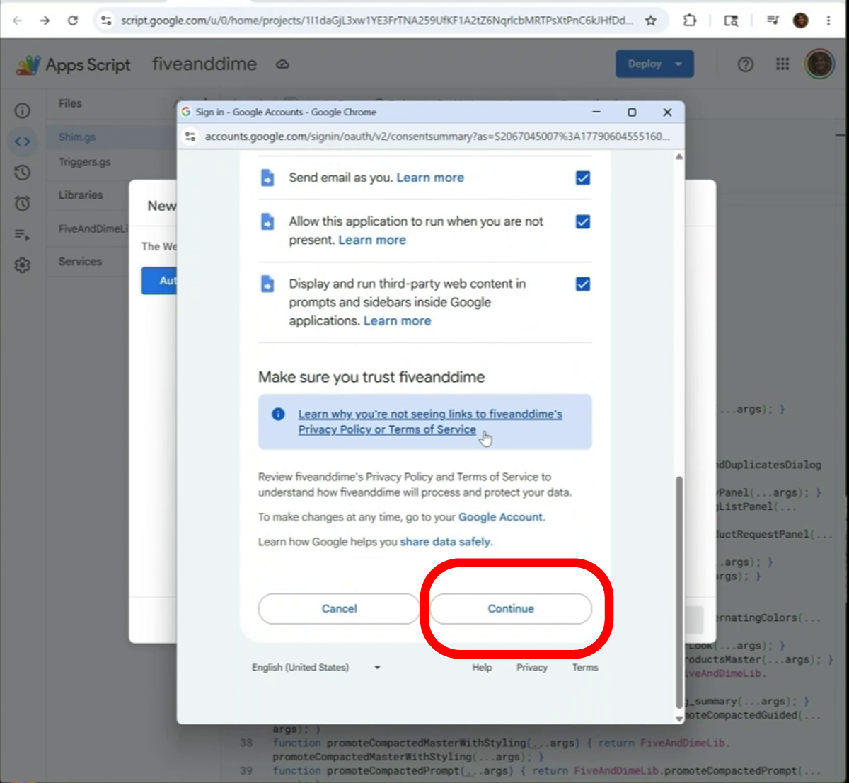 Same permissions list scrolled to the bottom with a Continue button