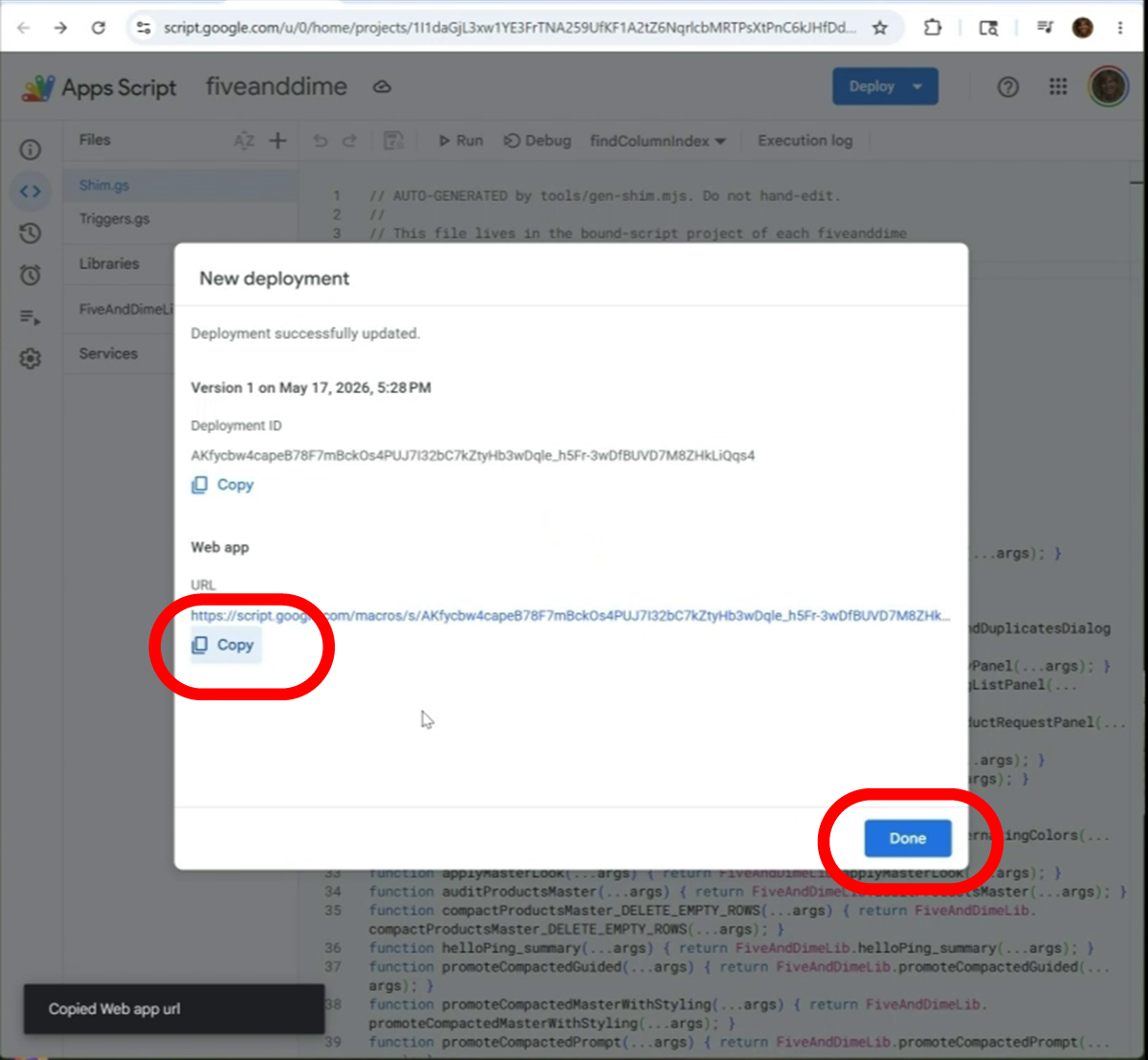 Deployment success screen with the Web App URL and a Copy button