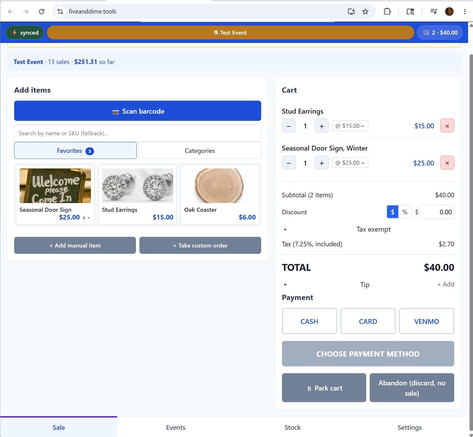 Sale view with items in the cart and the Complete sale button
