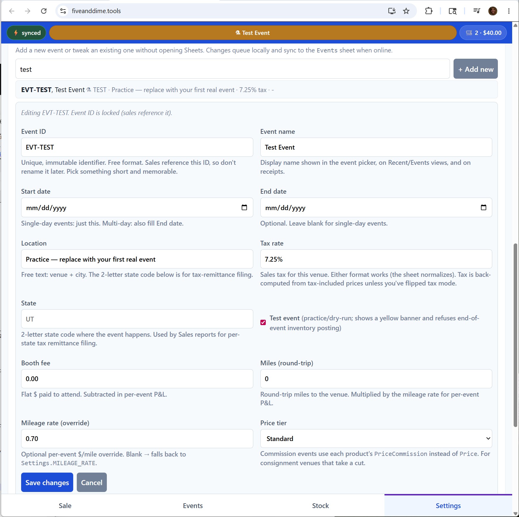 Settings Edit event form with fields filled in