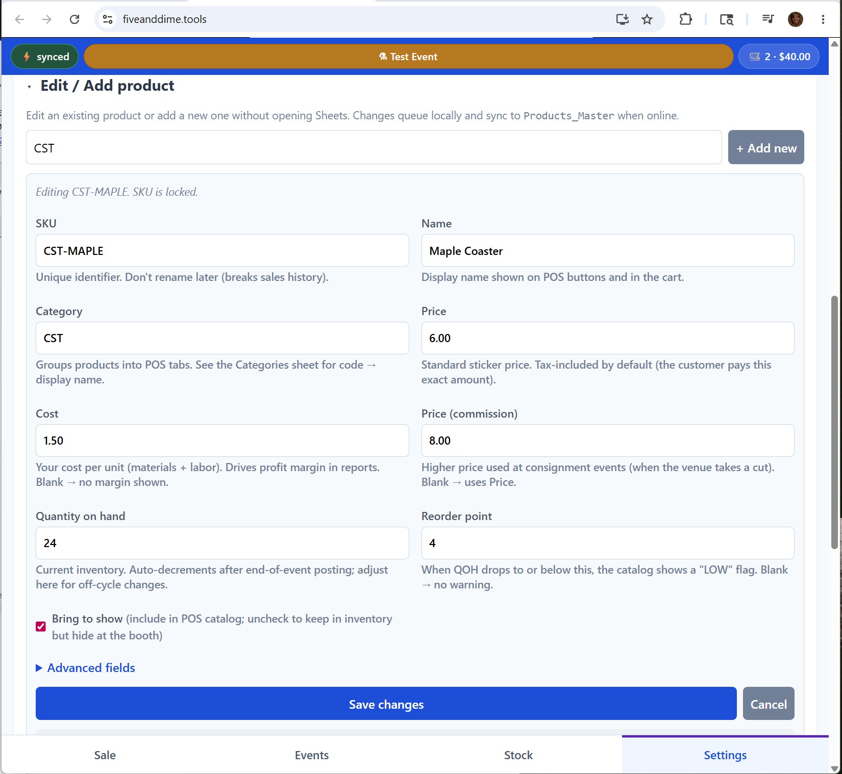 Settings Edit product form with fields filled in