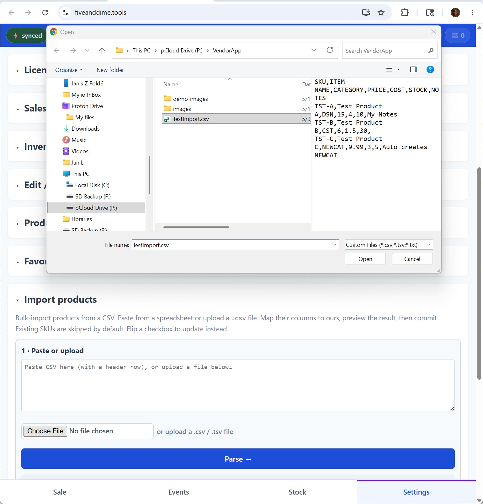 Settings Import products with Step 1 paste or upload visible