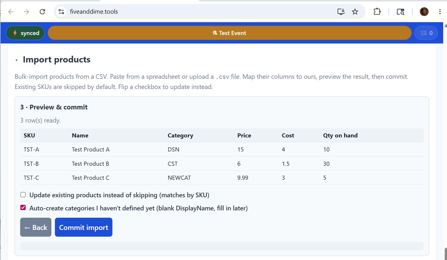 Preview table with rows visible, the two checkboxes, and the Commit button