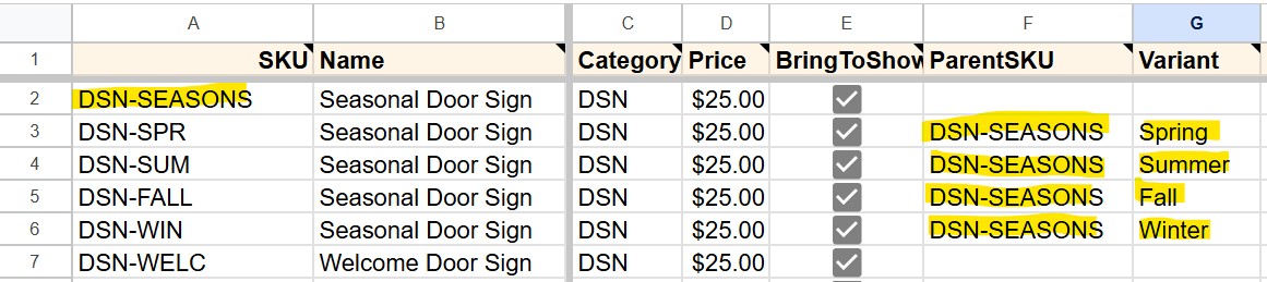 Products_Master with the parent row and several variant rows beneath it