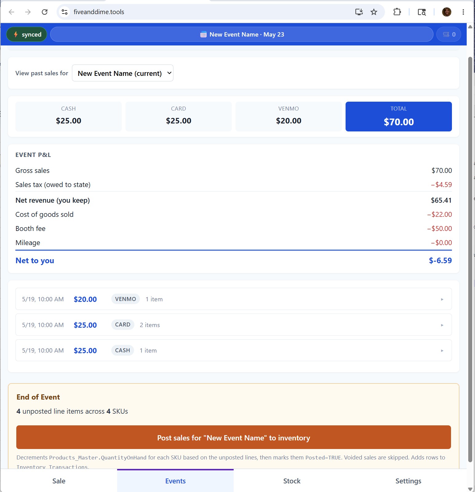 Events tab with the Post sales to inventory section visible