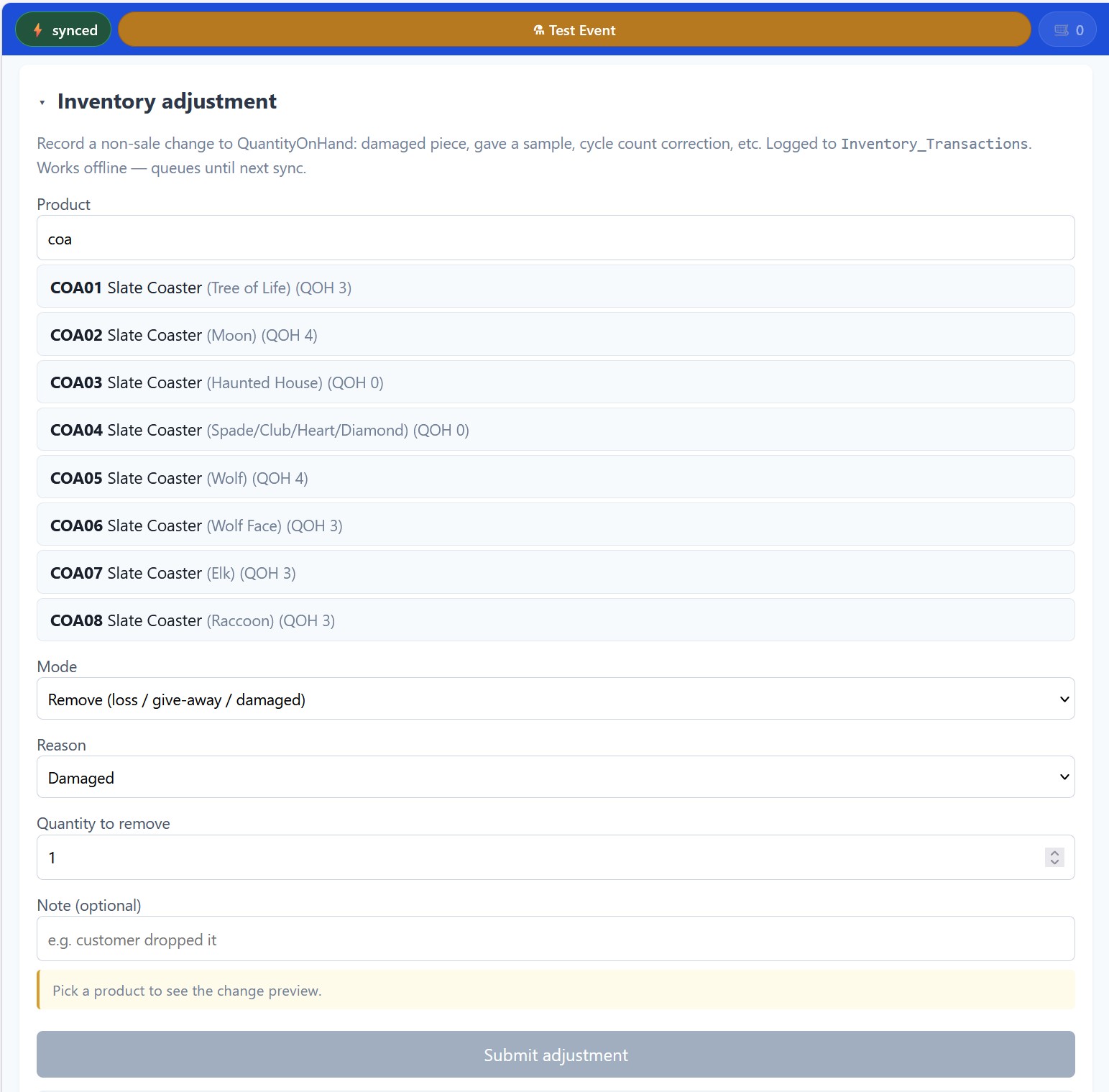 Settings Inventory adjustment form expanded