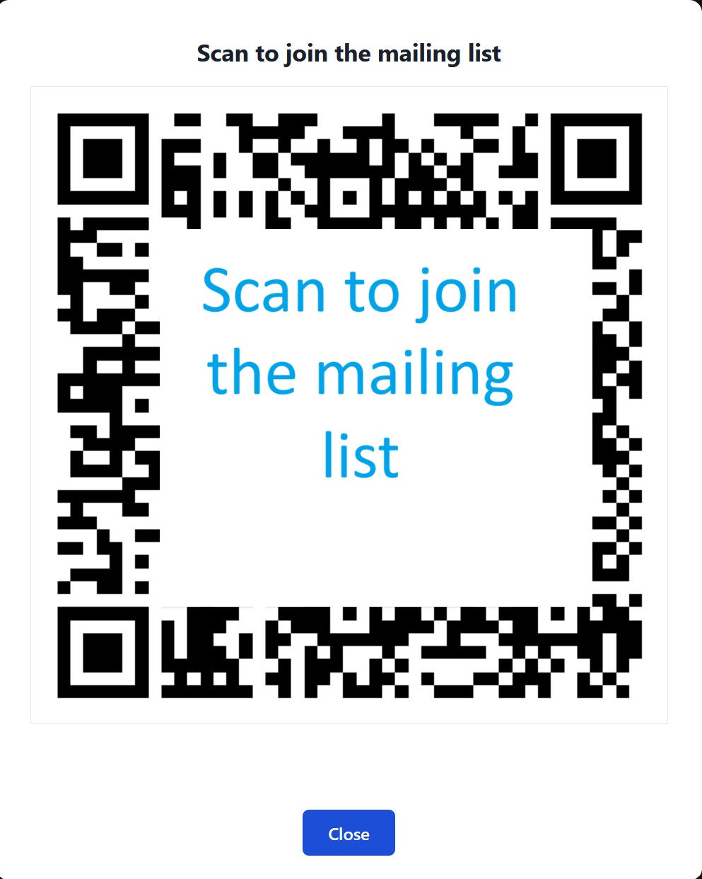 Settings Mailing list section with the URL and fullscreen QR button