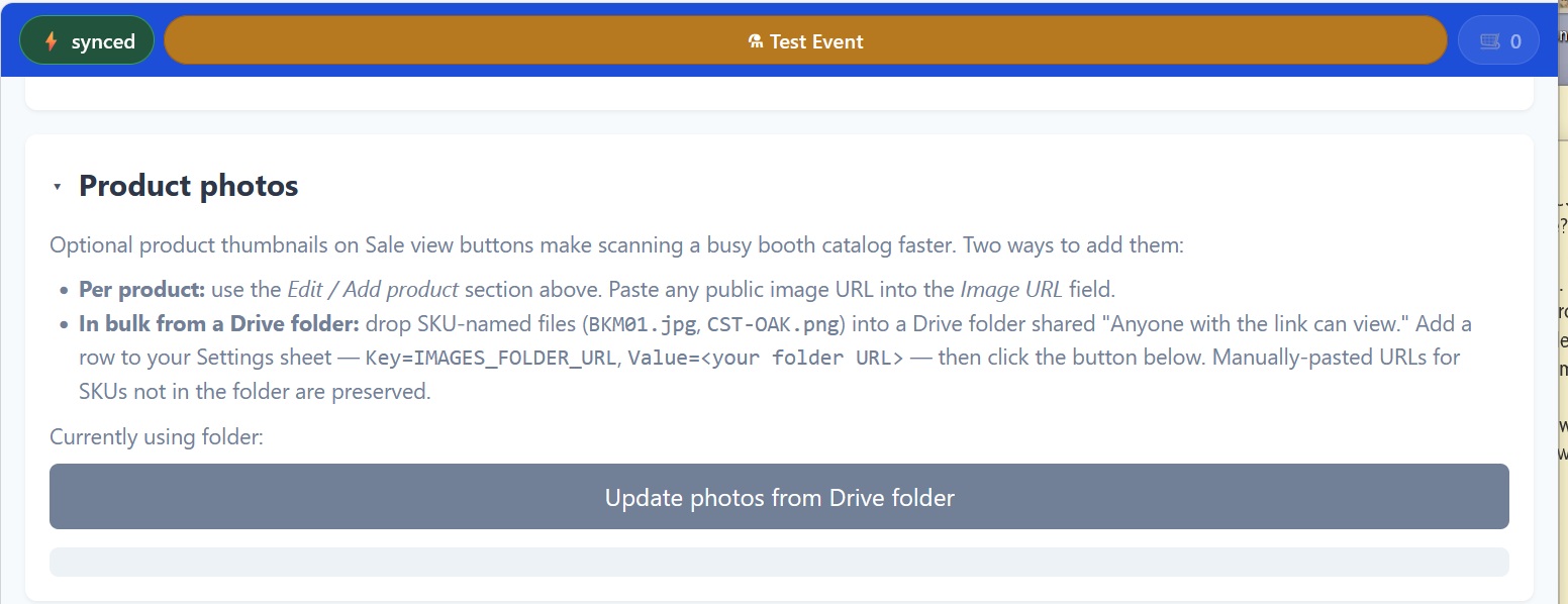 Settings Product photos section with the Drive folder URL input, Save button, and Update button
