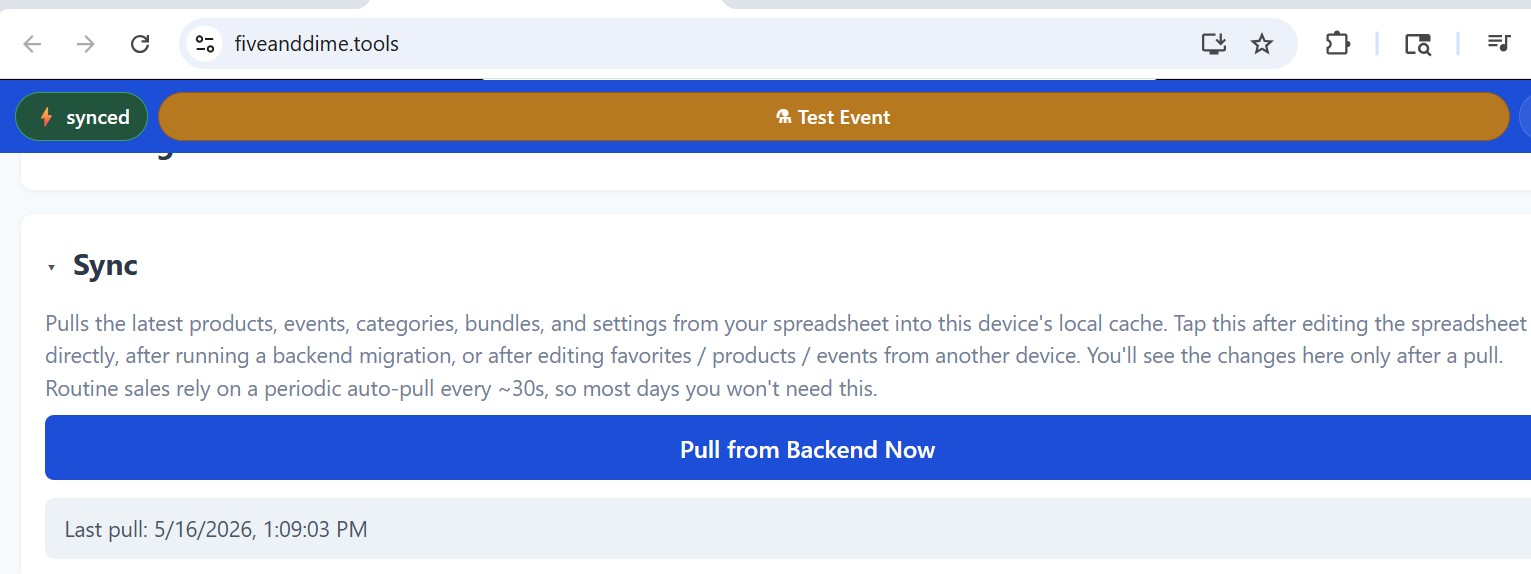 Settings page with the Pull from Backend Now button and a success confirmation