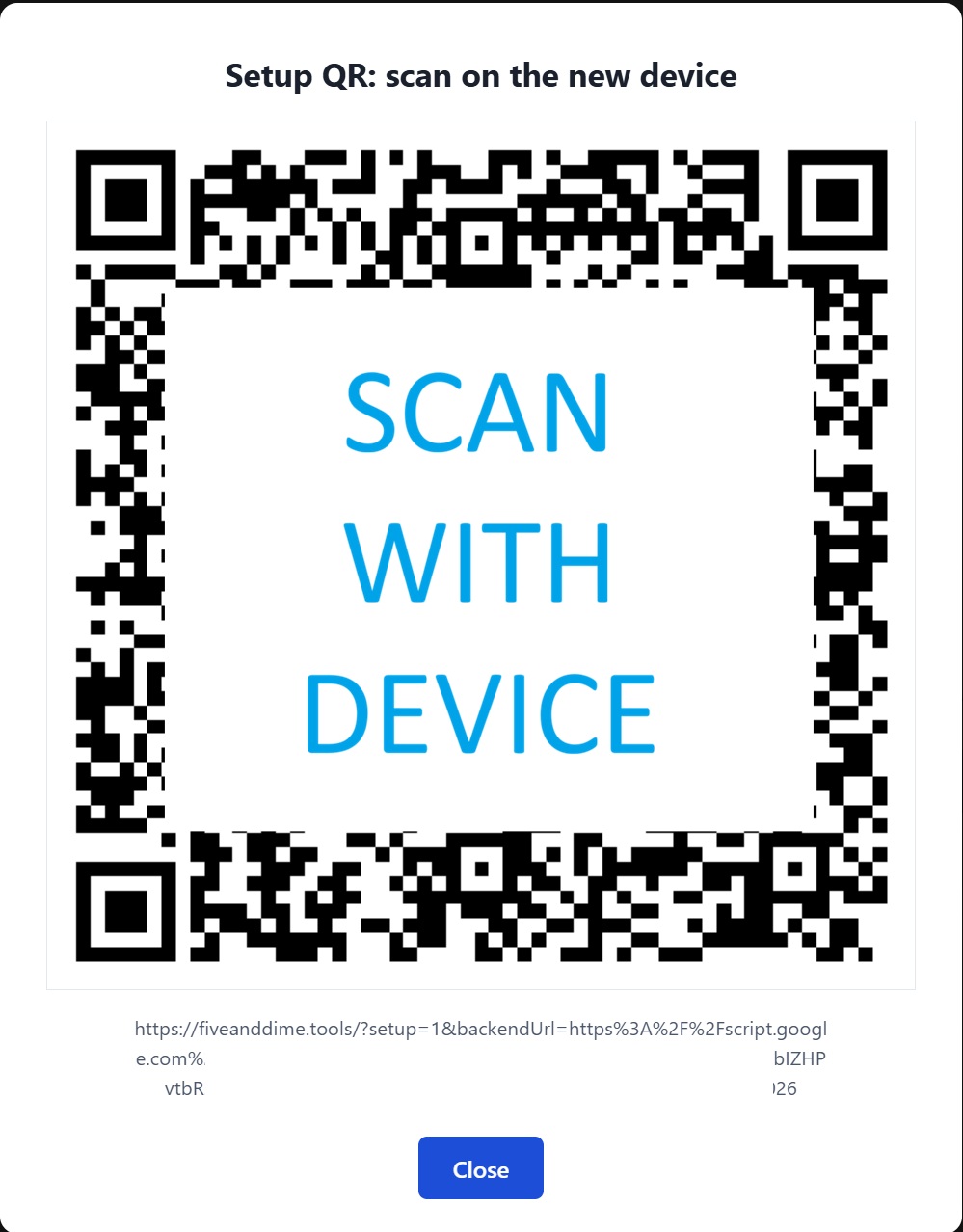 Fullscreen QR modal for second-device setup