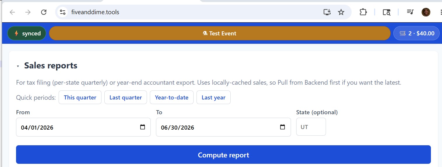 Settings Sales reports section expanded showing quick-period buttons date range and Compute