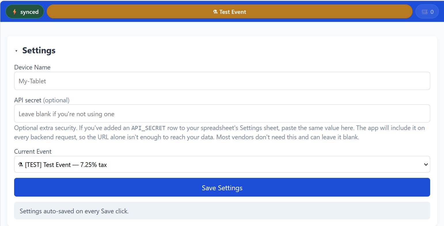 fiveanddime Settings tab with the top Settings section expanded showing Device Name, API Secret, and Current Event