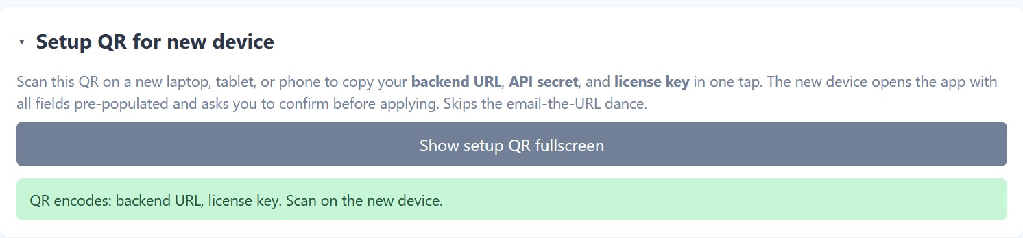Settings Setup QR for new device section with the Show setup QR fullscreen button