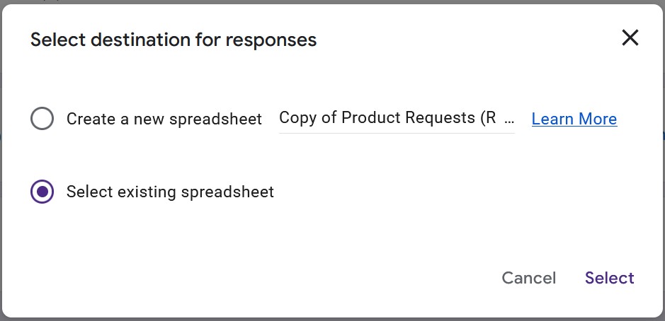 Select destination for responses dialog in Google Forms