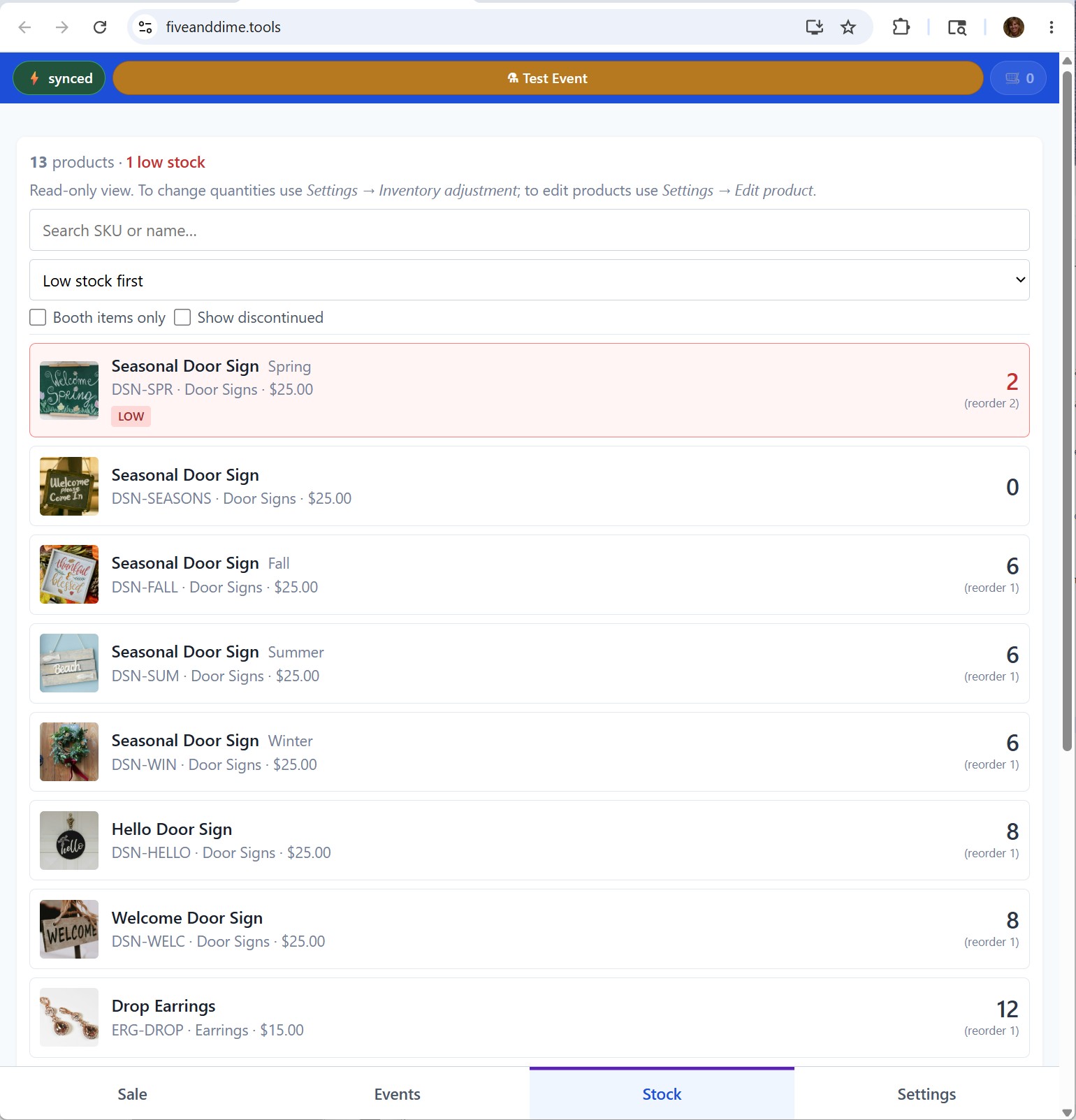 Stock tab on the bottom nav showing inventory sorted low-stock-first