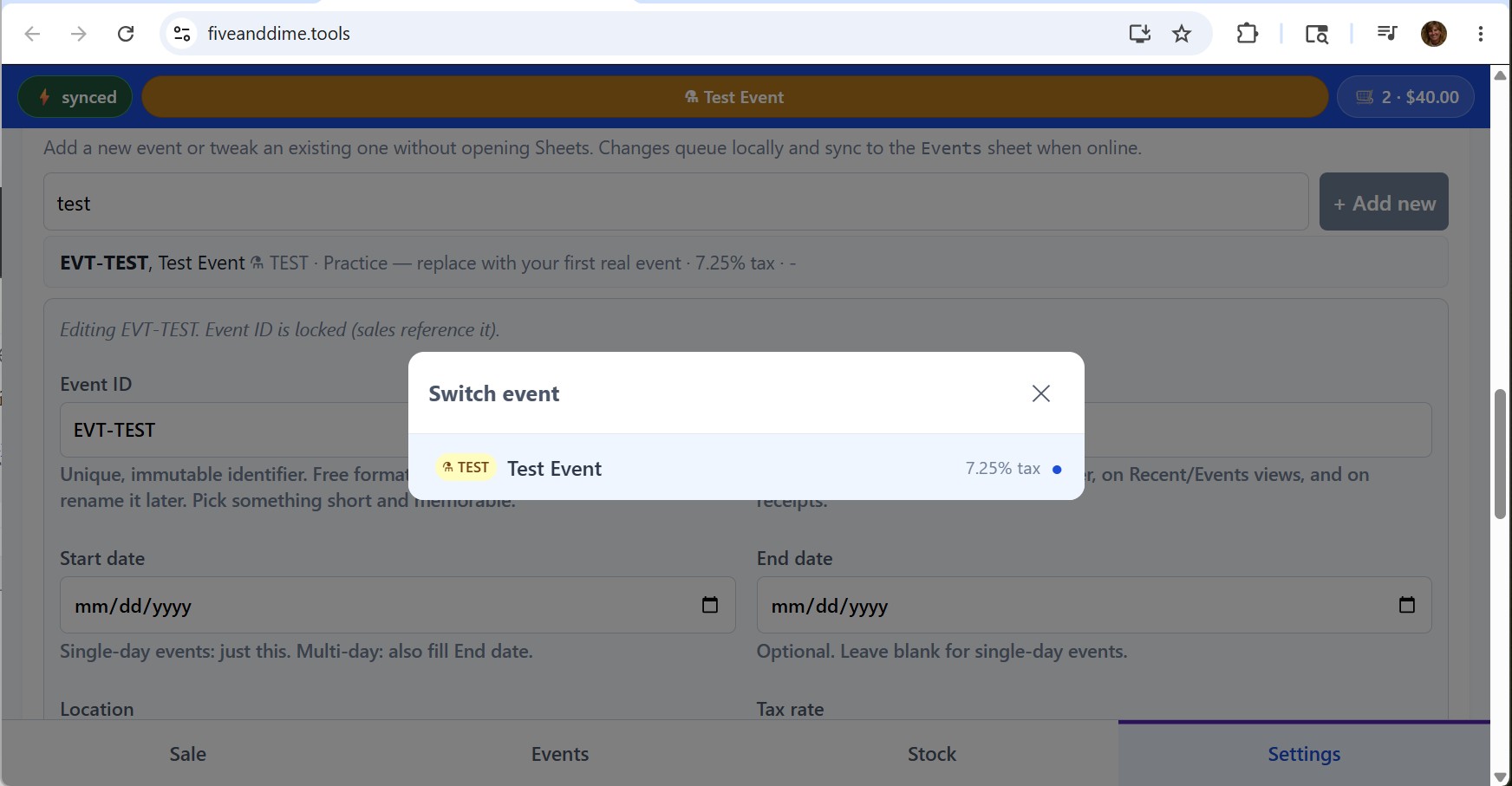 Sale view with the event picker overlay open showing a list of events