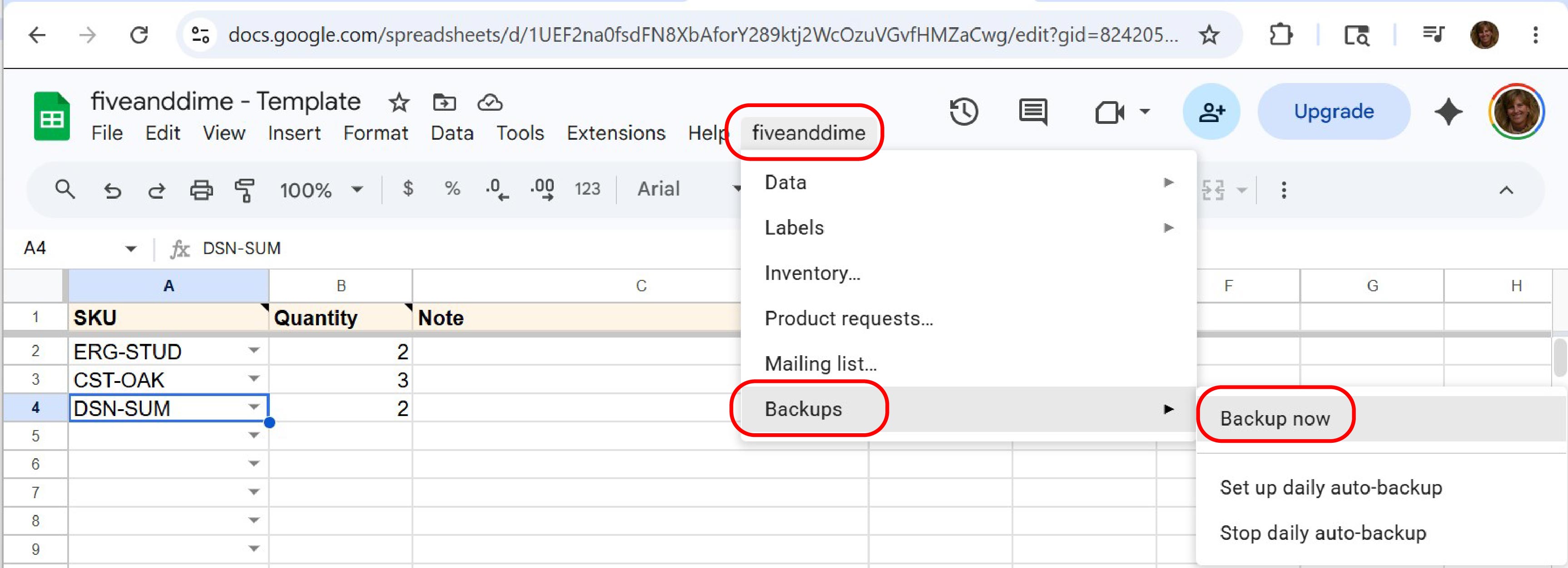 fiveanddime menu open at Backups submenu with Backup now visible