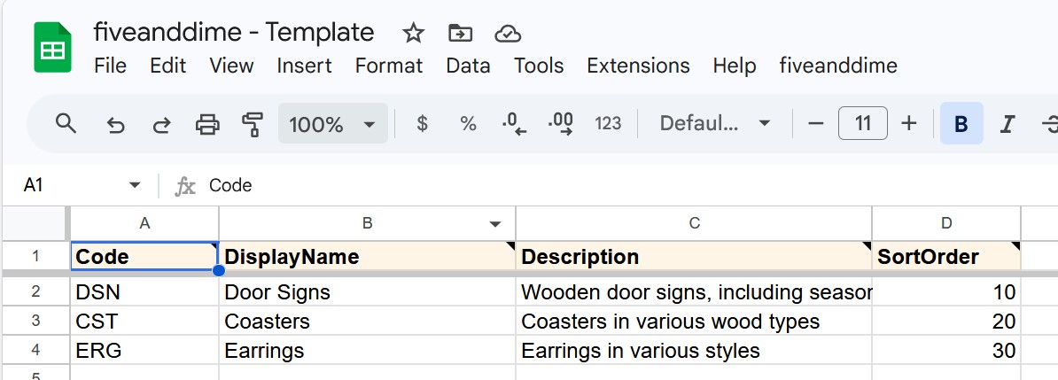 Categories sheet with sample rows showing Code, DisplayName, Description, SortOrder