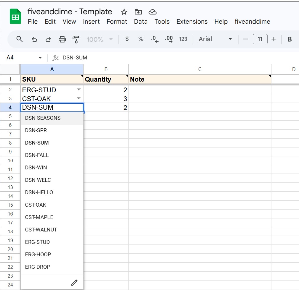 Labels sheet with the SKU dropdown opened on a cell