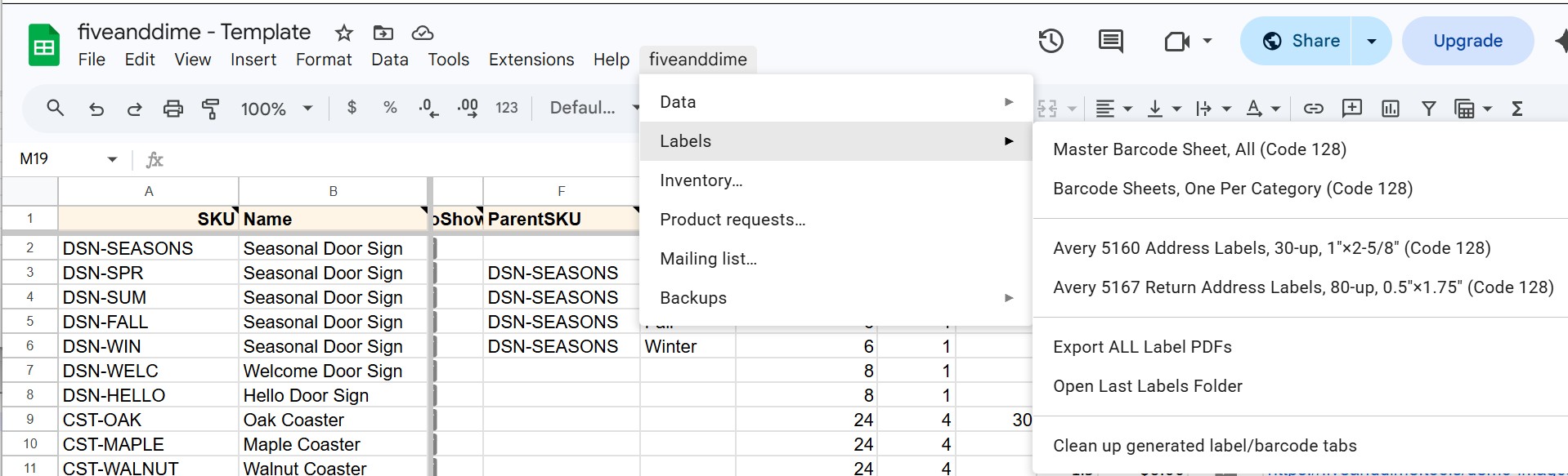 Spreadsheet menu open at fiveanddime then Labels showing the submenu items