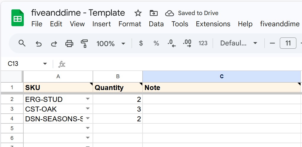 Labels sheet with SKU and Qty columns populated