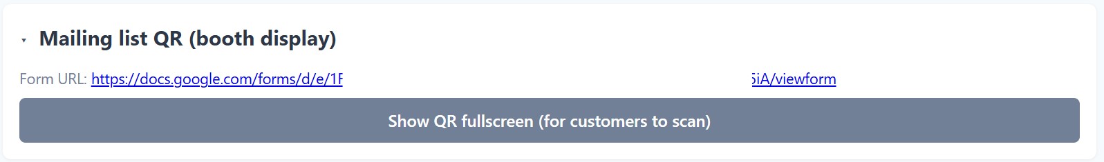 The generated mailing list form URL shown in the confirmation