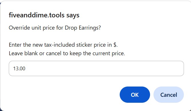 Price override dialog with a new per-unit price entered