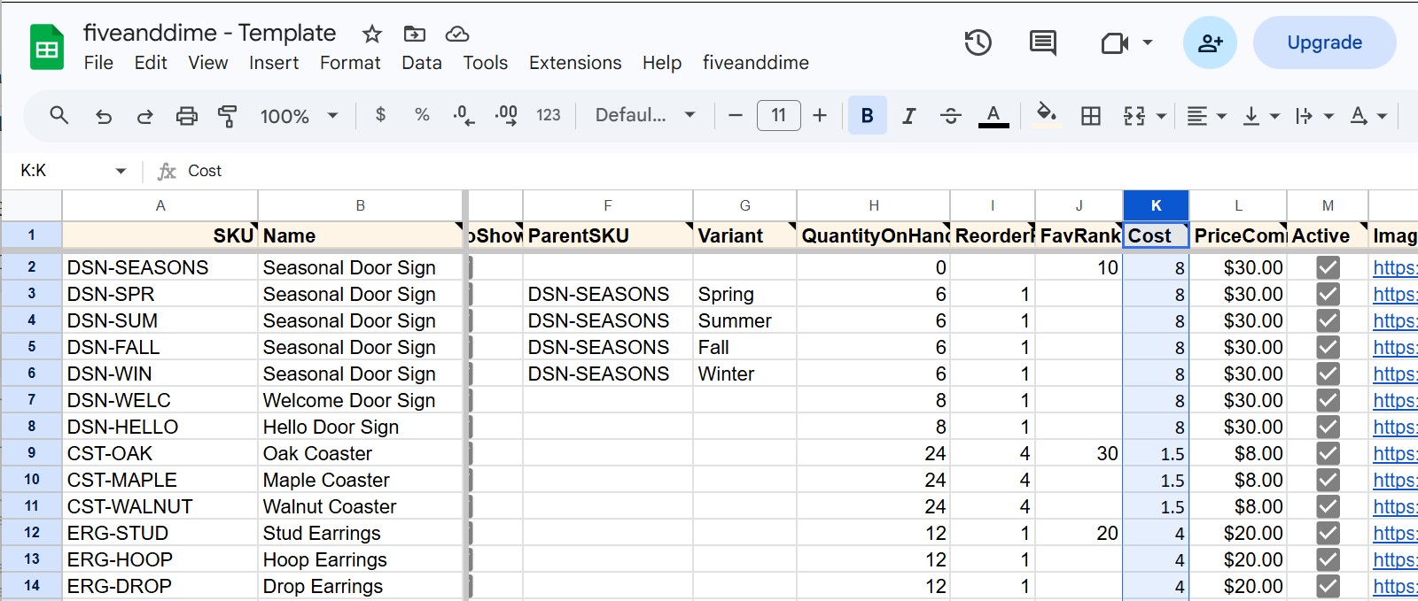 Products_Master with the Cost column visible and rows filled in