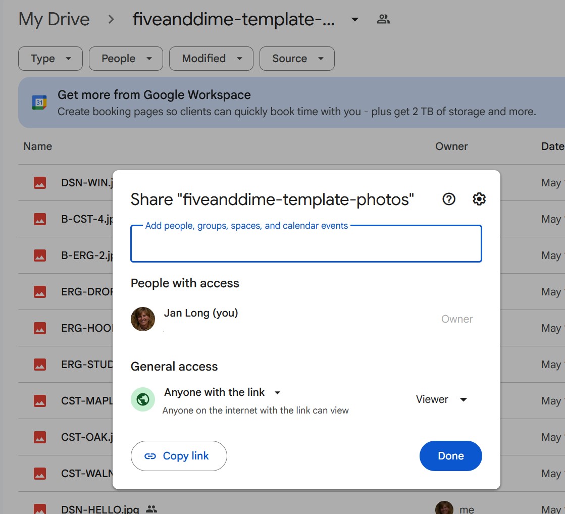 Drive folder share dialog set to Anyone with the link Viewer