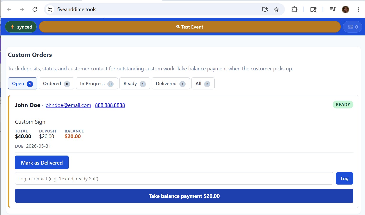 Custom tab order detail with the Take balance payment button
