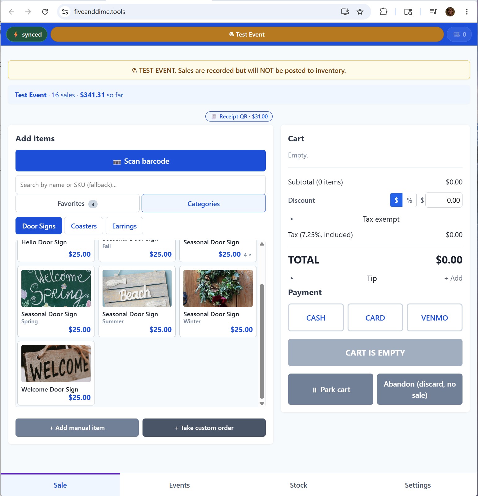 Sale view with the Take custom order button