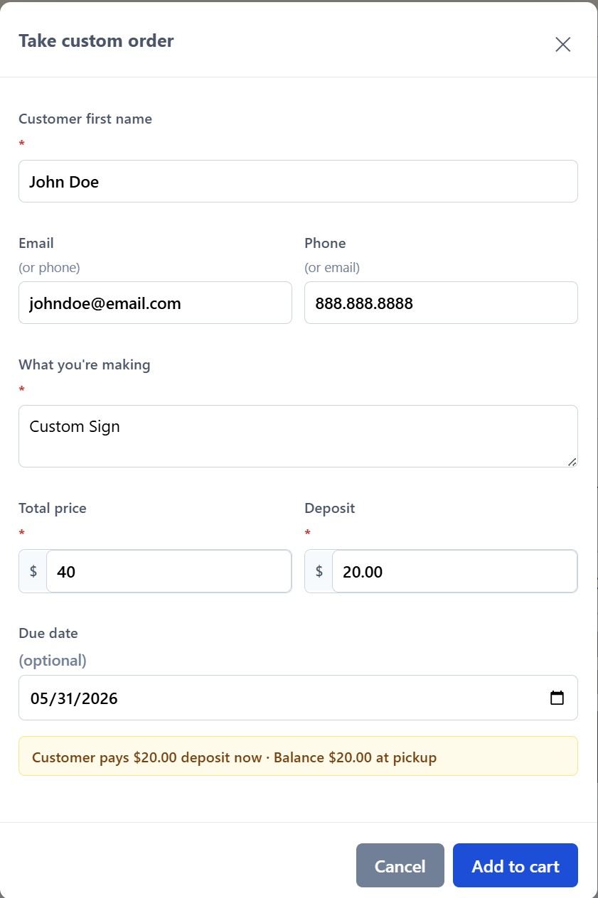 Take custom order modal with the form filled in